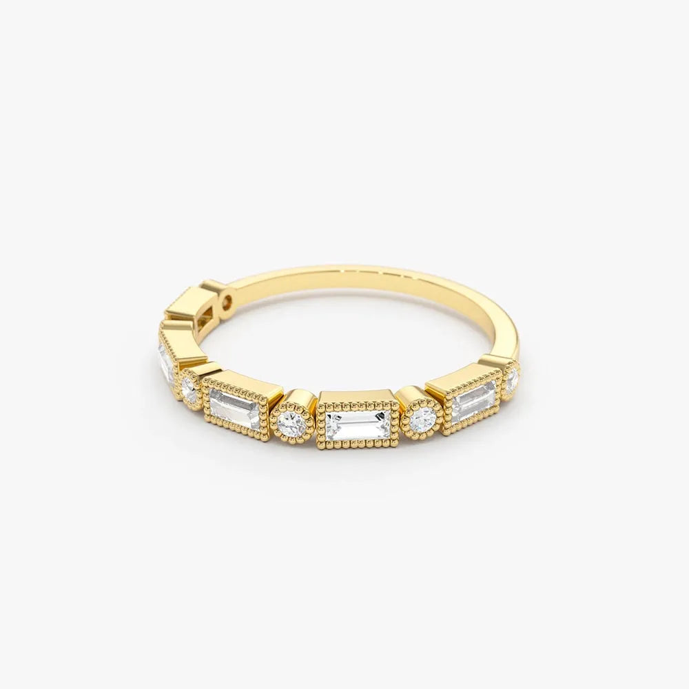 14K Gold Baguette and Round Diamond 0.39 CTW Bezel Set Alternating Band Ring