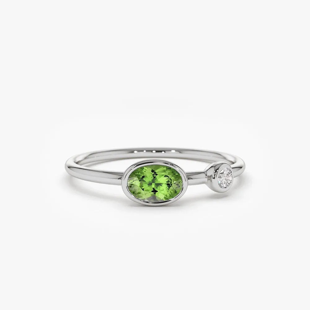 14K Solid Gold Oval Peridot and Diamond 0.56ctw Bezel Set Ring