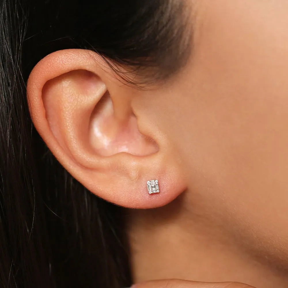 14k Gold Diamond Illusion Baguette Cut Mini Stud Earrings 0.20 ctw