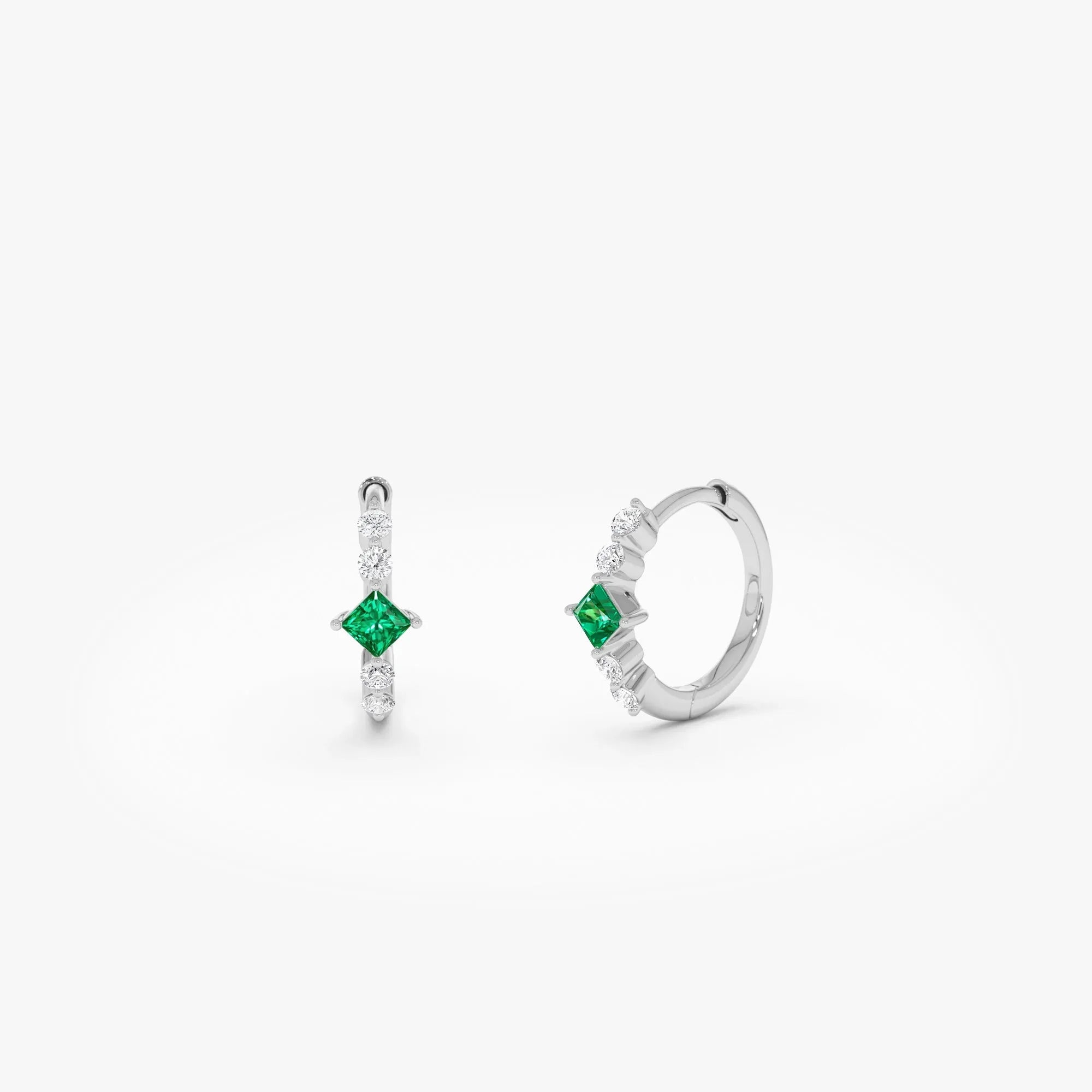 14K Solid Gold Princess Cut Emerald and Round Diamond Hoop Earrings 0.38 CTW