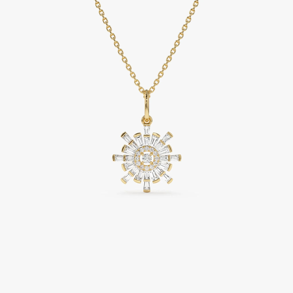 14K Solid Gold Baguette and Round Diamond Sunburst Pendant Necklace 0.40ctw
