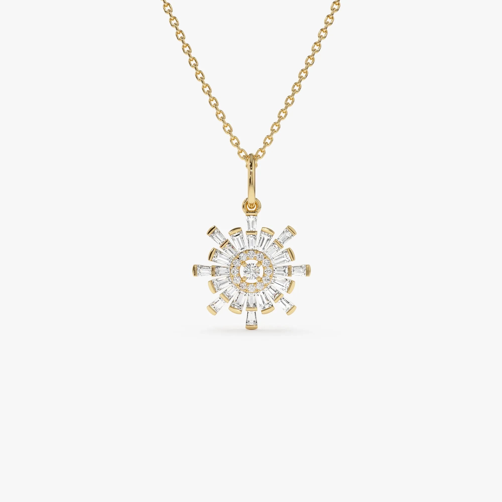 14K Solid Gold Baguette and Round Diamond Sunburst Pendant Necklace 0.40ctw
