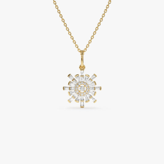 14K Solid Gold Baguette and Round Diamond Sunburst Pendant Necklace 0.40ctw