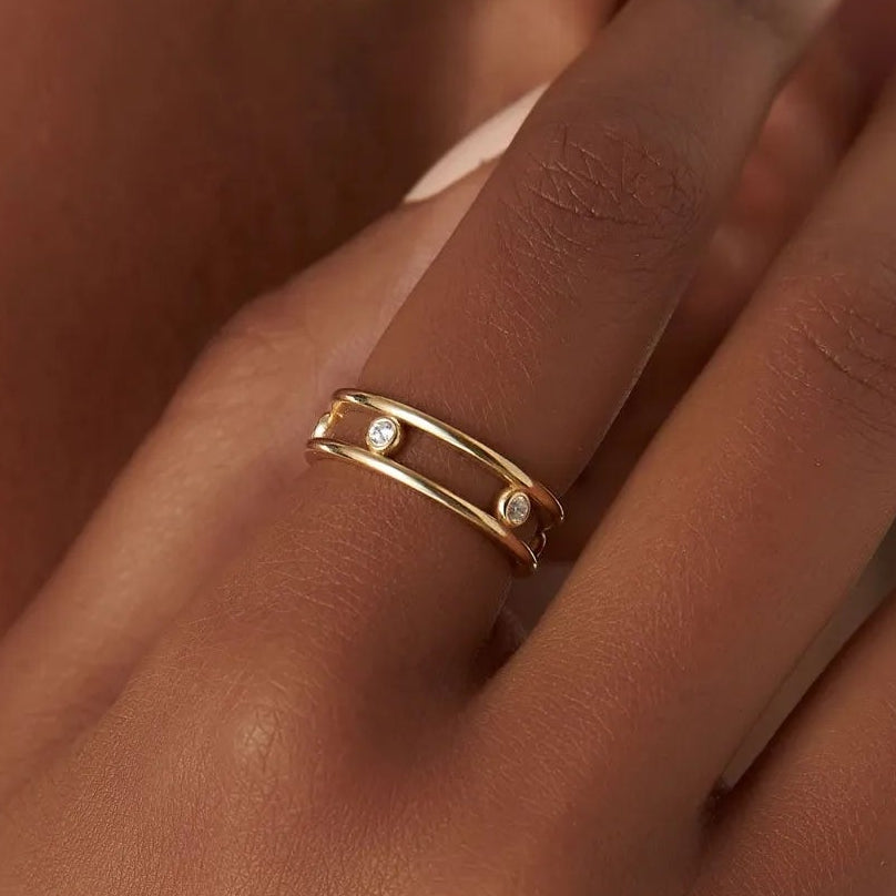 14K Solid Gold Natural Diamond Round Cut Bezel Setting Double Band Ring 0.18 ctw
