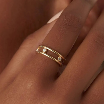 14K Solid Gold Natural Diamond Round Cut Bezel Setting Double Band Ring 0.18 ctw