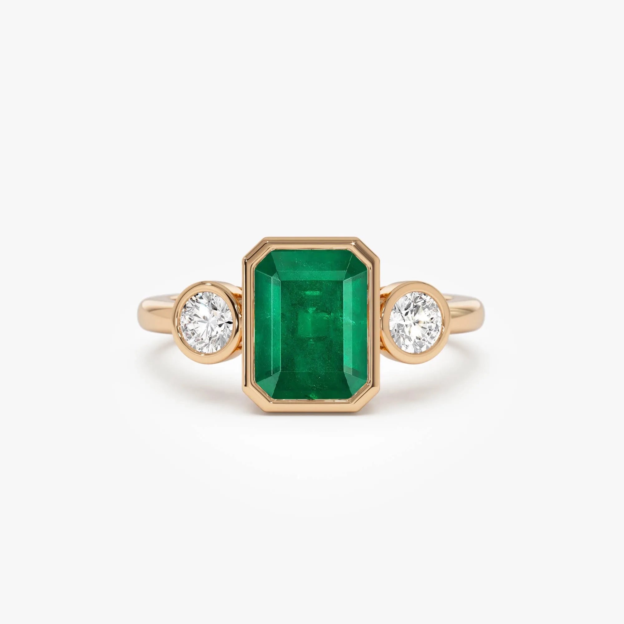 14K Solid Gold Emerald Cut Emerald Round Diamond Three Stone Bezel Set Ring 1.89 CTW
