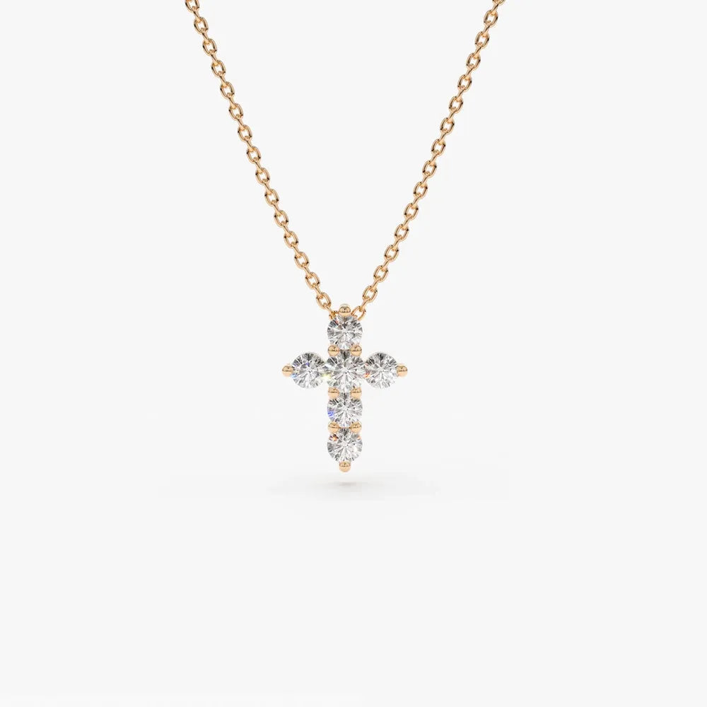 14K Solid Gold Lab Grown Diamond Round Cross Necklace 0.21cttw