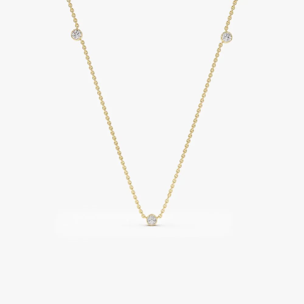 14K Solid Gold Round Diamond 3 Stone Bezel Set By The Yard Necklace 0.19cttw