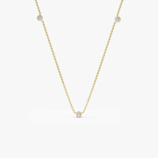 14K Solid Gold Round Diamond 3 Stone Bezel Set By The Yard Necklace 0.19cttw