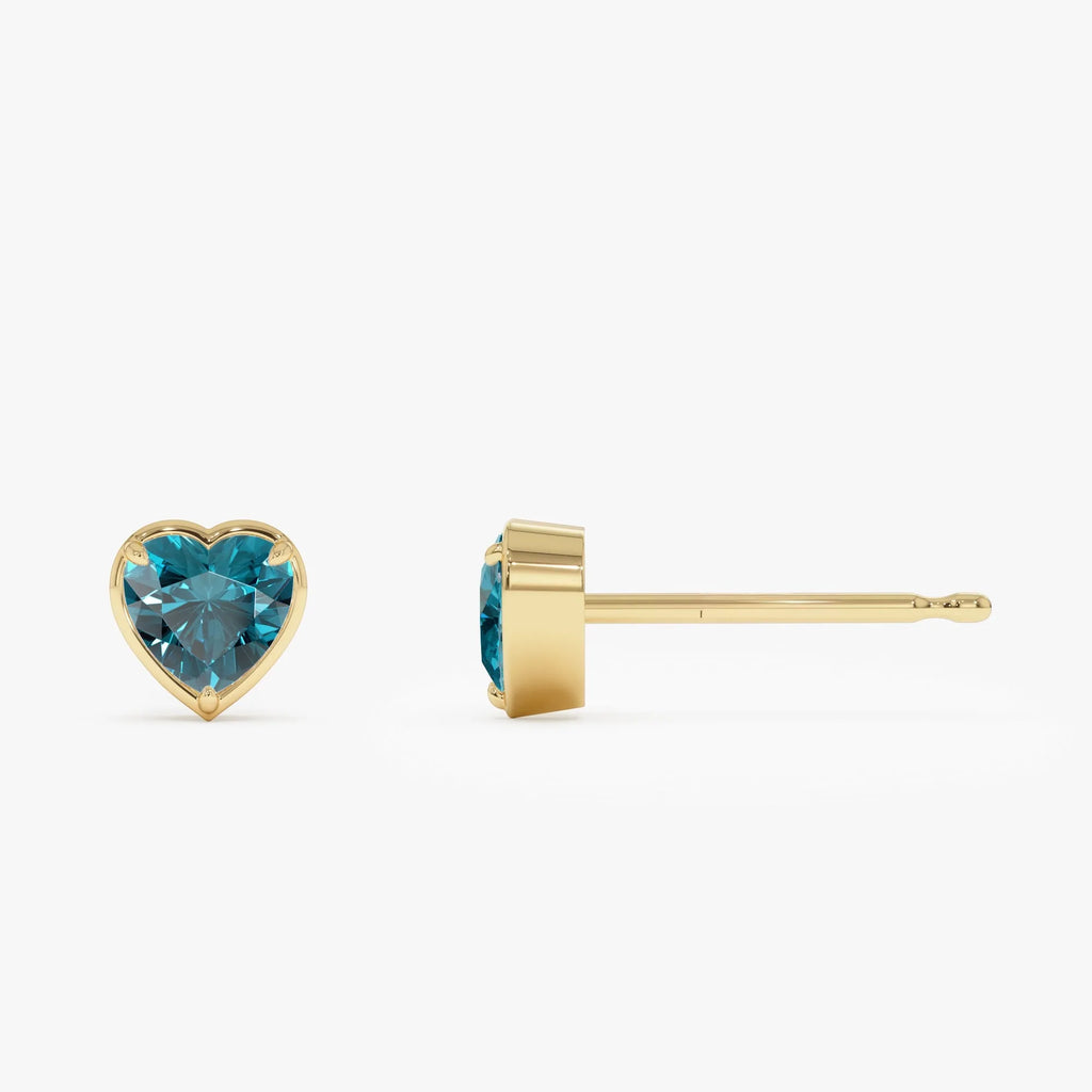 14K Solid Gold Heart Shaped London Blue Topaz Stud Earrings 1.00ctw