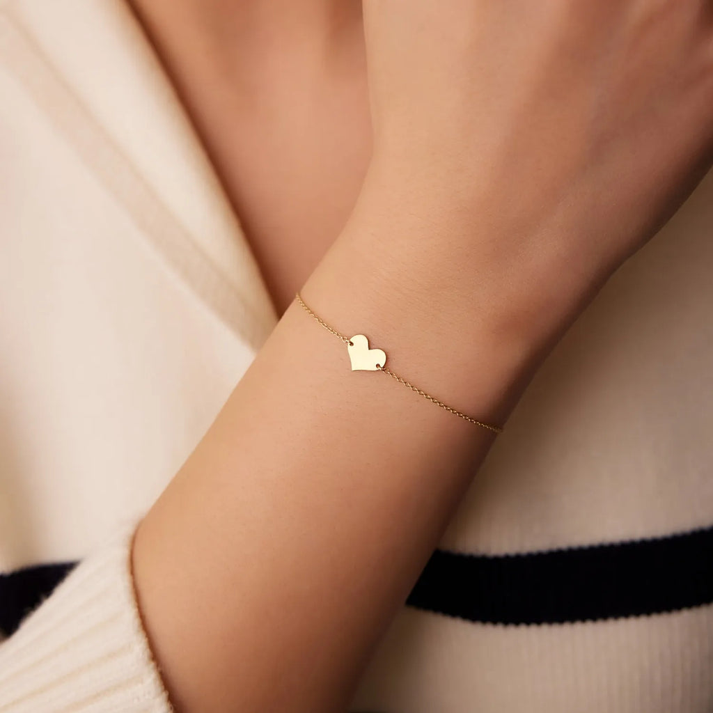 14K Solid Gold Heart Shape Charm Link Bracelet