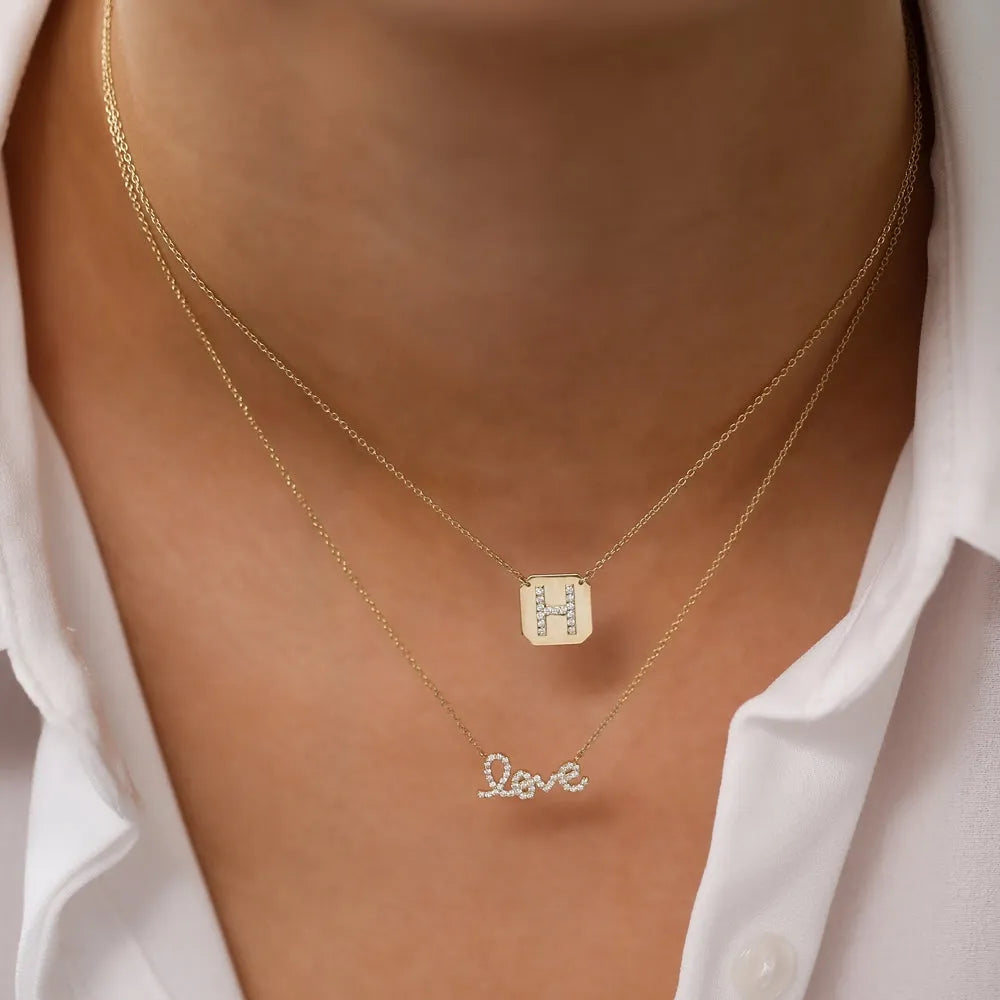 14K Solid Gold Round Diamond Love Pendant Necklace Prong Setting 0.21ctw