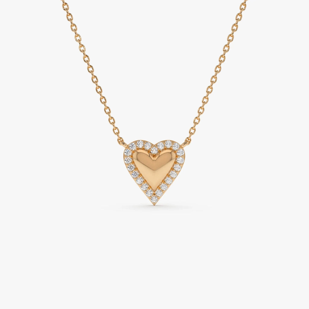 14K Solid Gold 0.12 CTW Round Diamond Puffed Heart Love Necklace