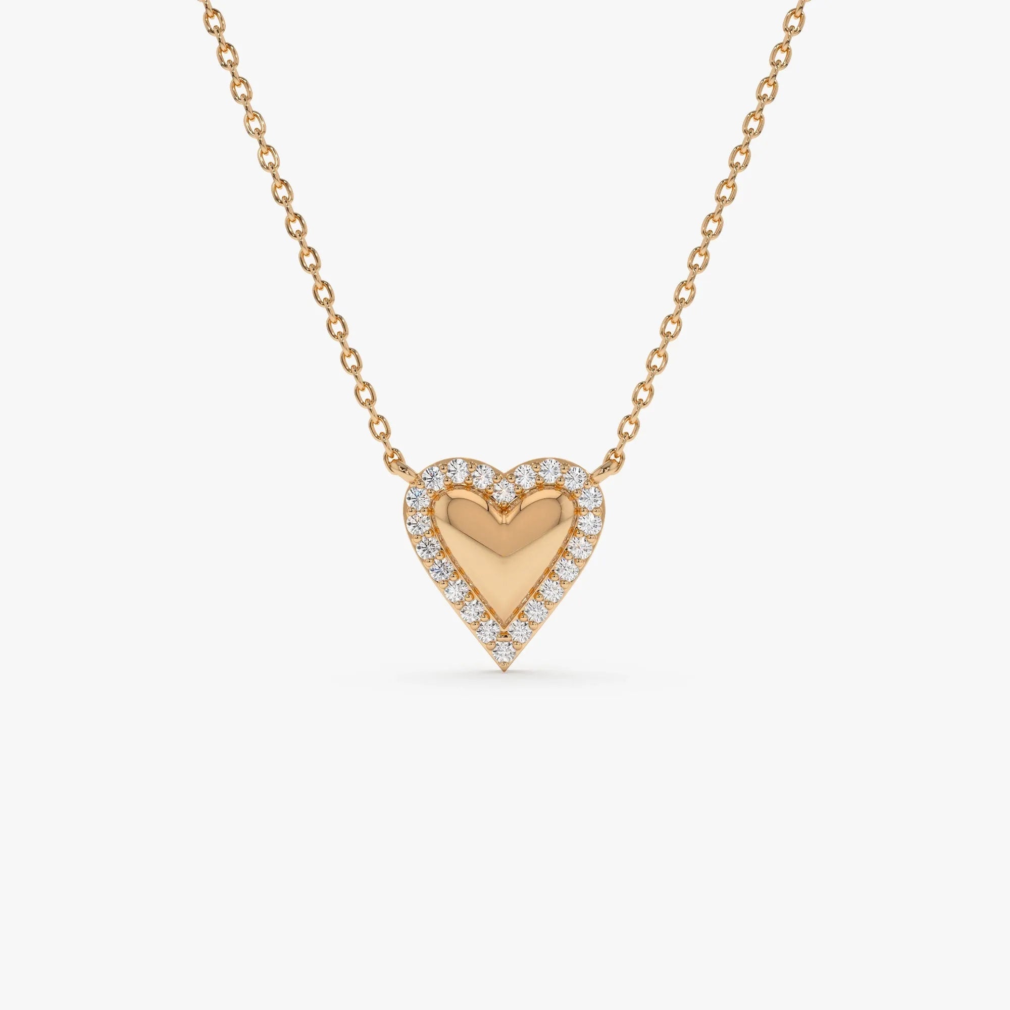 14K Solid Gold 0.12 CTW Round Diamond Puffed Heart Love Necklace