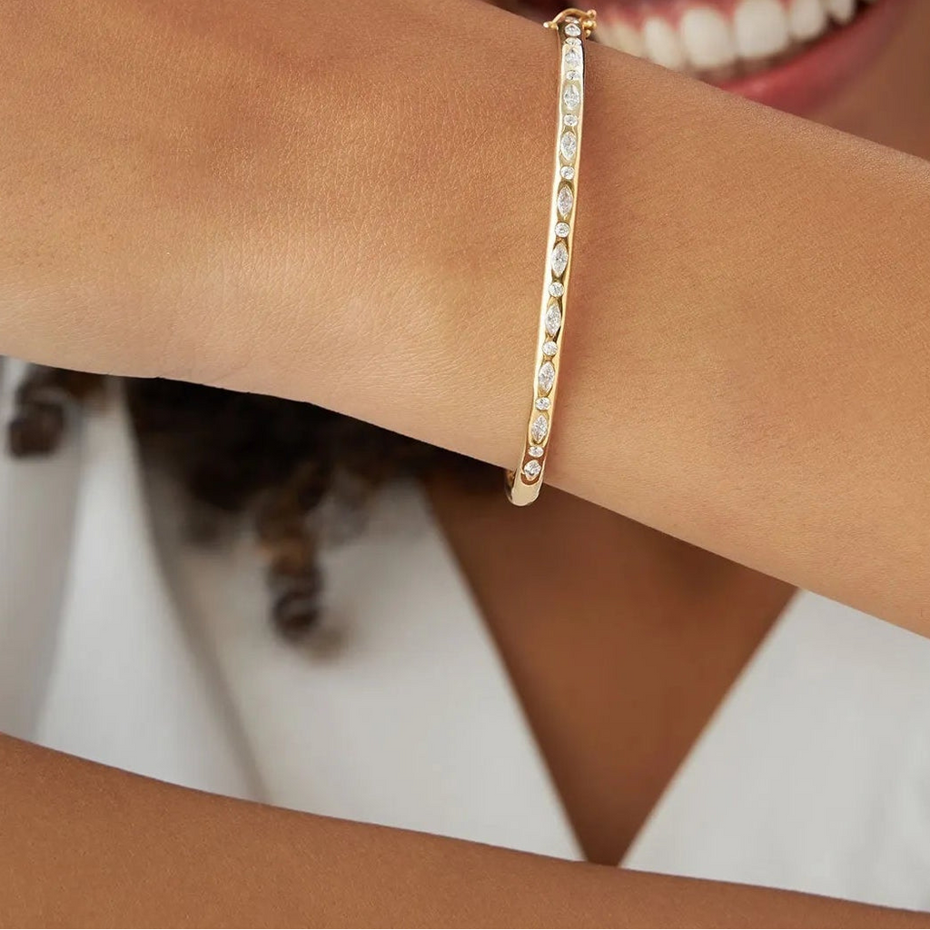 14K Solid Gold 0.65 CTW Marquise and Round Diamond Flush Setting Bangle