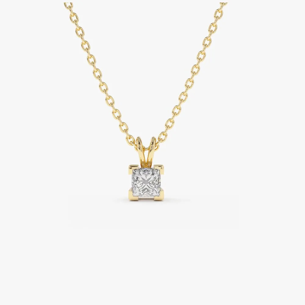 14K Solid Gold Princess Cut Diamond Solitaire Pendant Necklace Square Prong Setting 0.25ctw