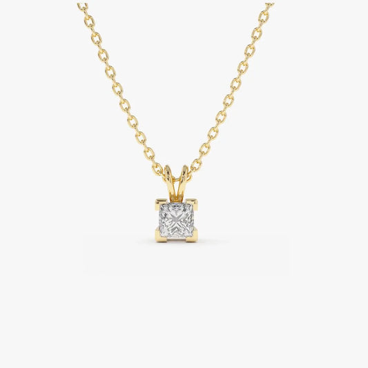 14K Solid Gold Princess Cut Diamond Solitaire Pendant Necklace Square Prong Setting 0.25ctw