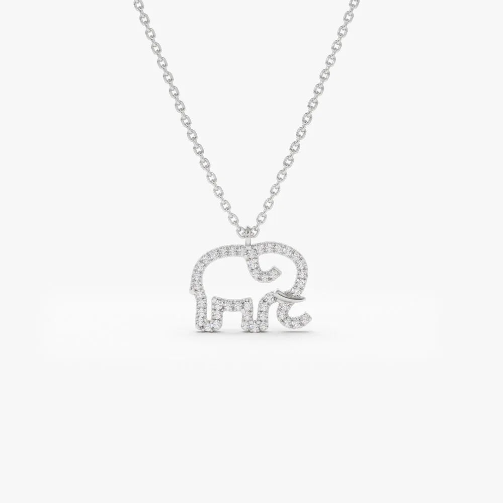 14K Solid Gold Round Diamond Micro Pave Elephant Charm Necklace 0.22ctw