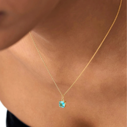 14k Solid Gold London Blue Topaz Cushion Cut Solitaire Necklace 1.20 Carat
