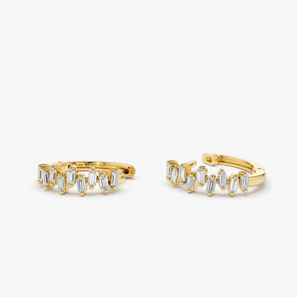 14k Gold Lab Grown Diamond Baguette Cut Horizontal Set Mini Huggie Hoop Earrings 0.39 ctw