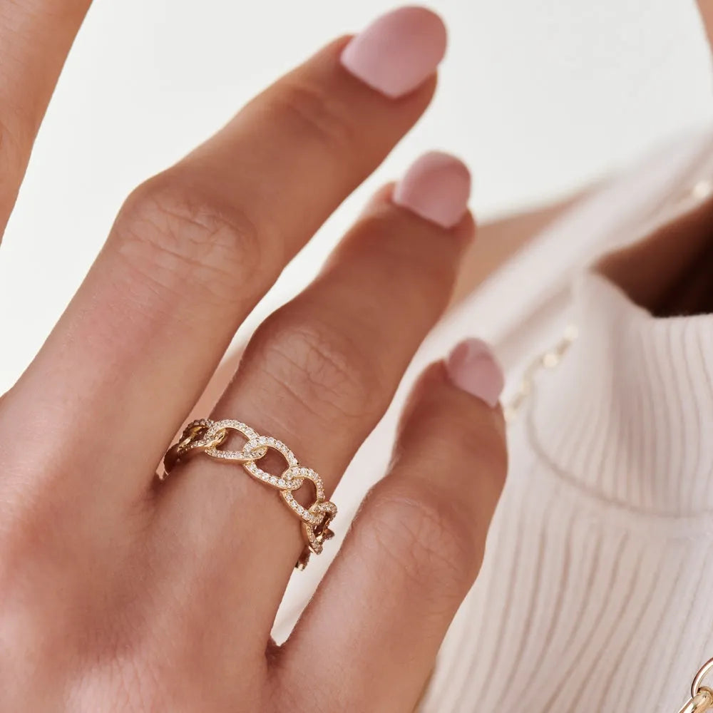 14k Gold Round Diamond Curb Link Pave Ring 0.28 Carat