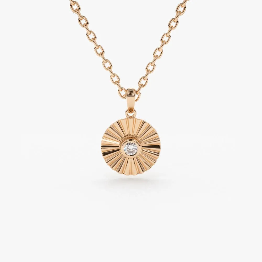 14K Solid Gold Round Diamond Disc Ray Pendant Necklace 10mm 0.07ctw