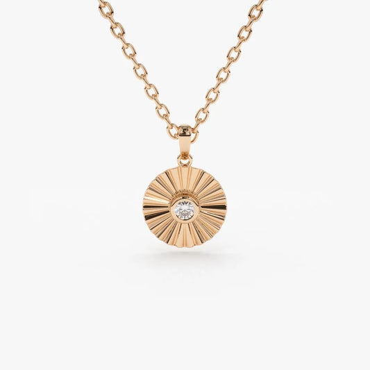 14K Solid Gold Round Diamond Disc Ray Pendant Necklace 10mm 0.07ctw
