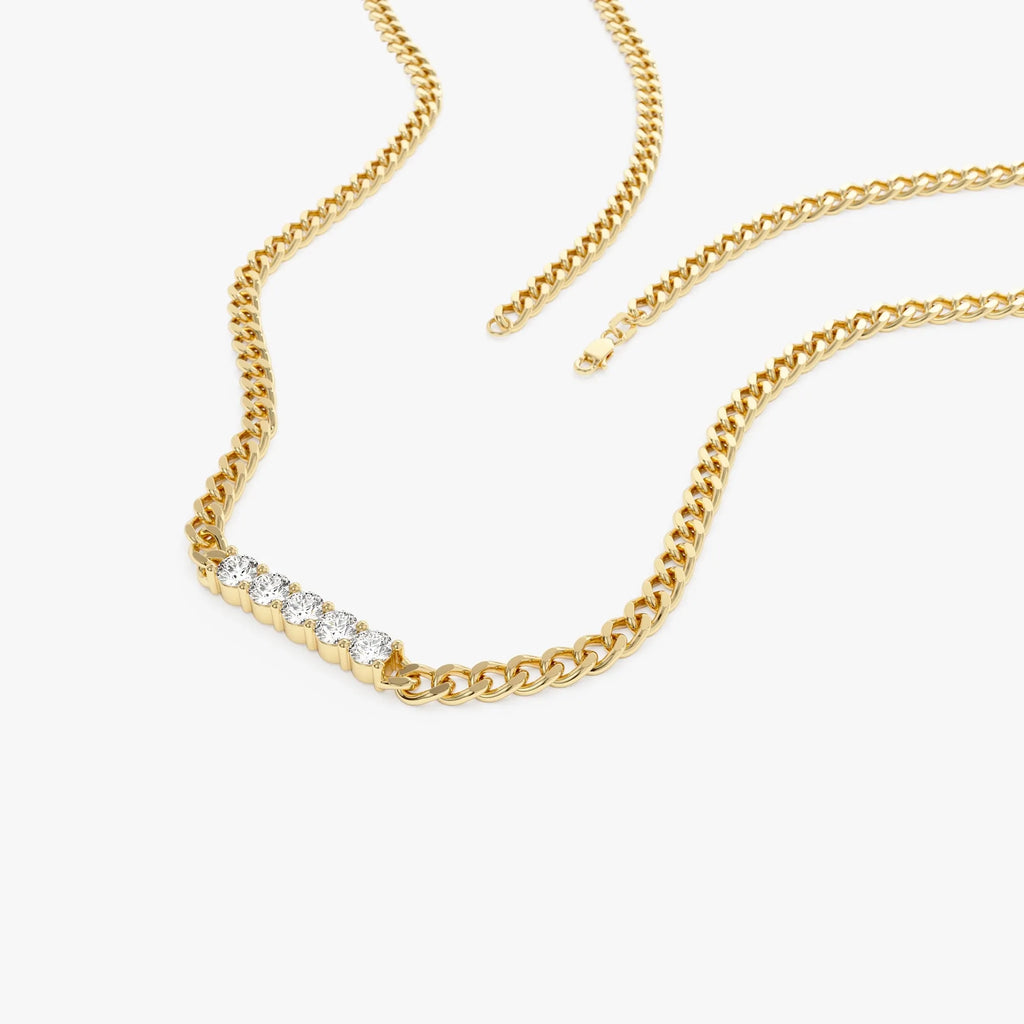 14K Solid Gold Round Diamond 5 Stone Bar Cuban Link Necklace 0.50ctw