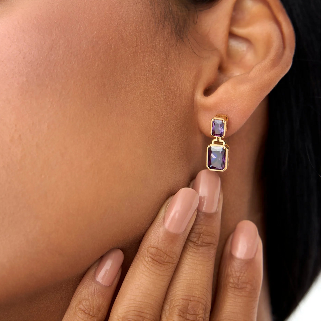 14K Solid Gold Octagon Cut Amethyst Dangle Drop Earrings 4.05ctw