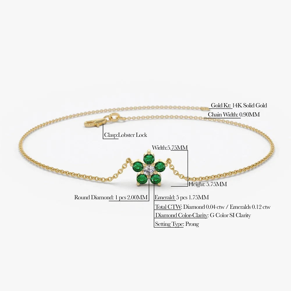 14K Solid Gold Round Emerald and Diamond Flower Charm Bracelet
