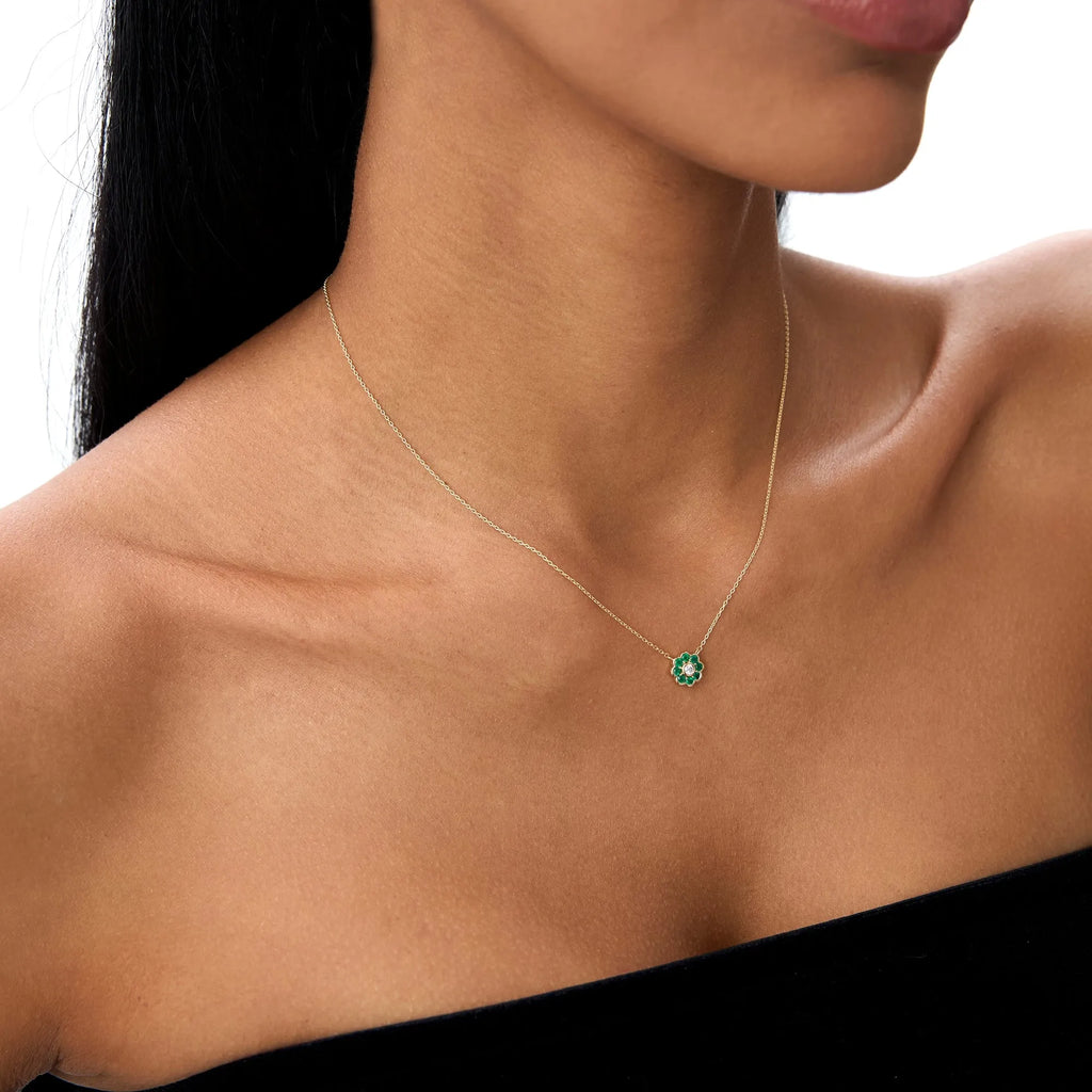 14k Solid Gold Round Emerald 0.25 CTW and Diamond 0.05 CTW Flower Bezel Setting Pendant Necklace