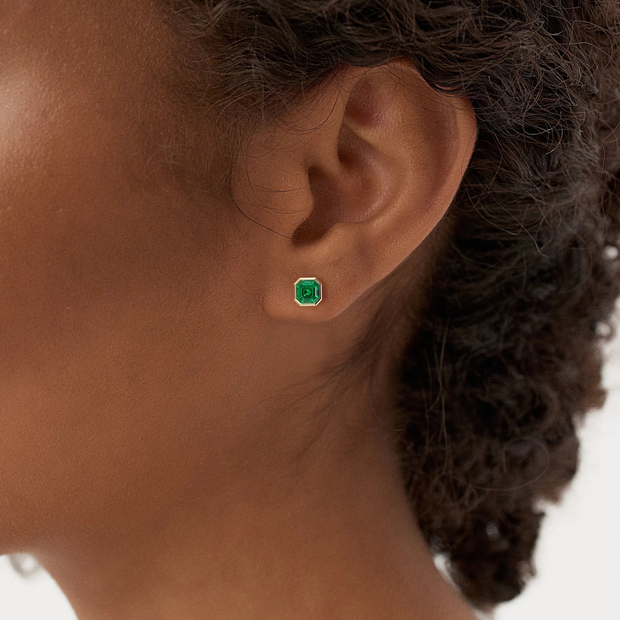 14k Gold Lab Grown Colombian Emerald Asscher Cut Bezel Setting Stud Earrings 2.30 ctw