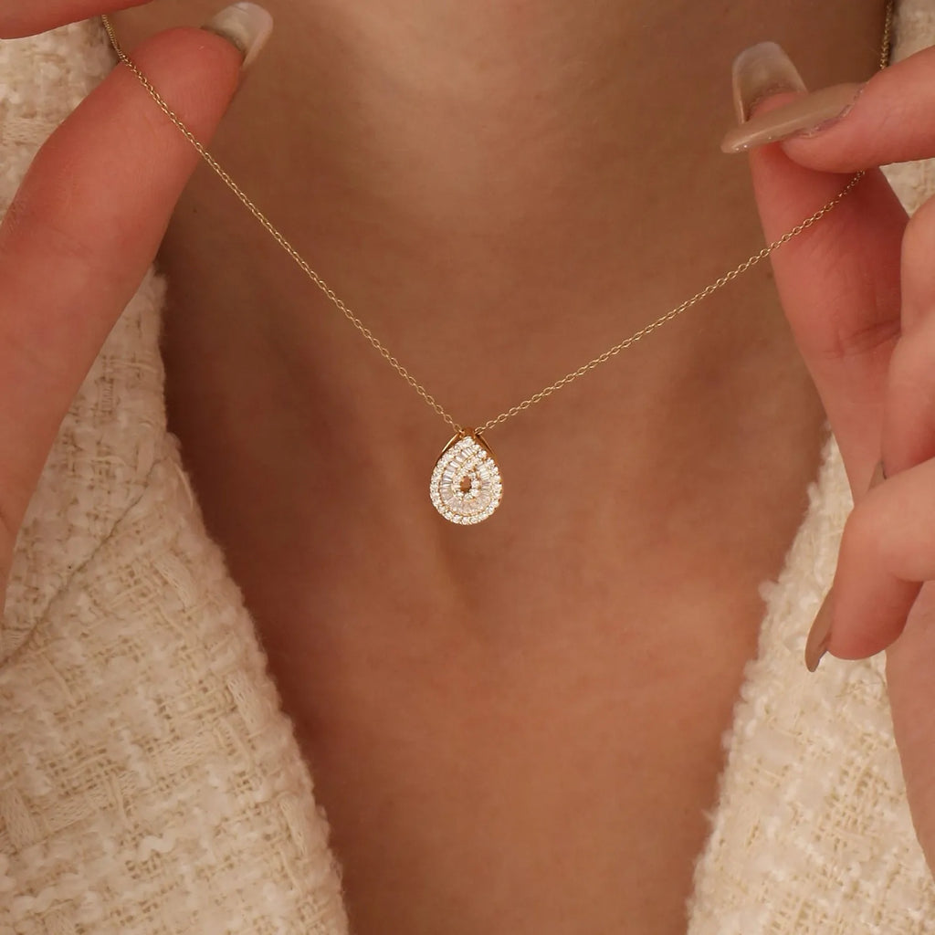 14K Solid Gold Baguette and Round Diamond Teardrop Statement Necklace 0.48ctw