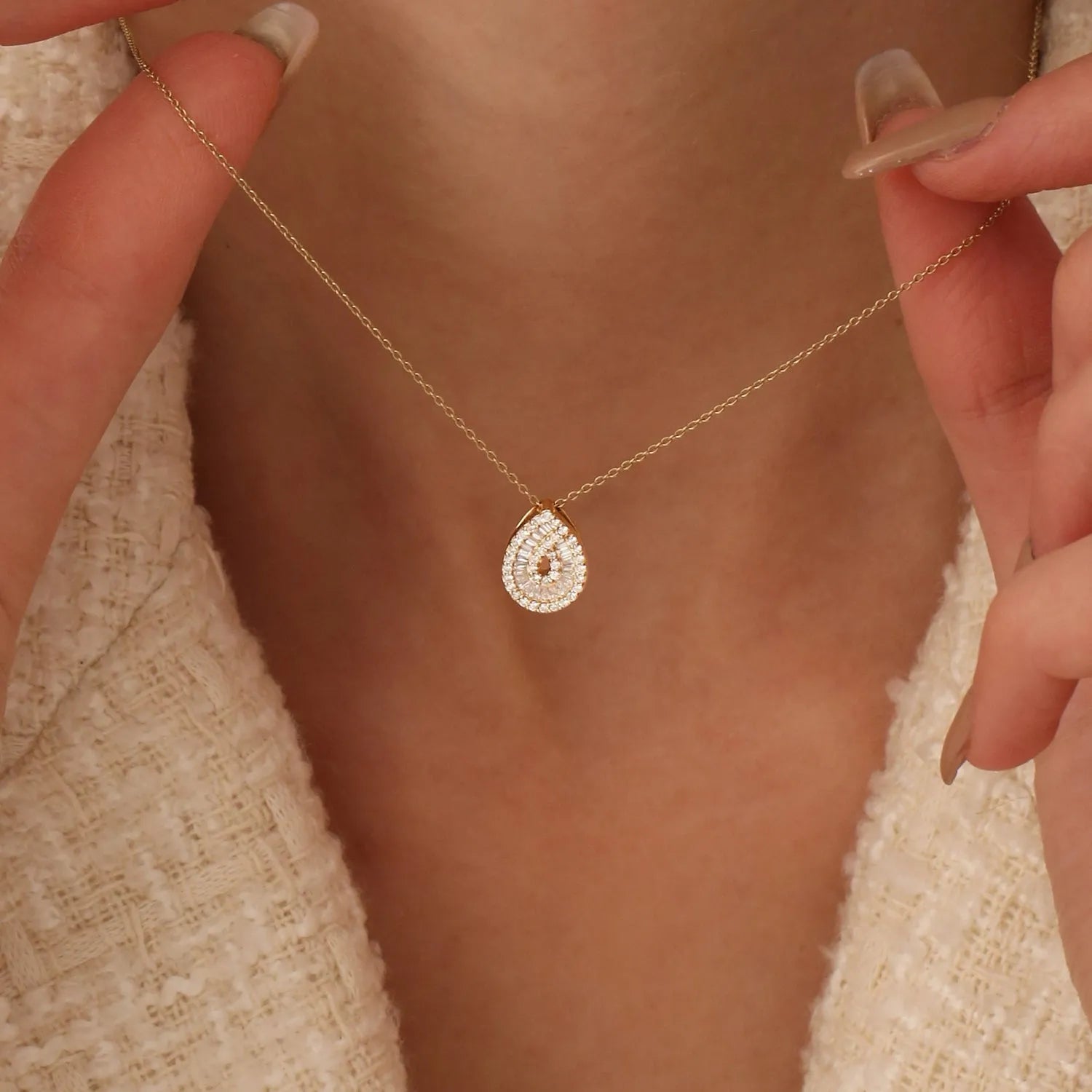14K Solid Gold Baguette and Round Diamond Teardrop Statement Necklace 0.48ctw