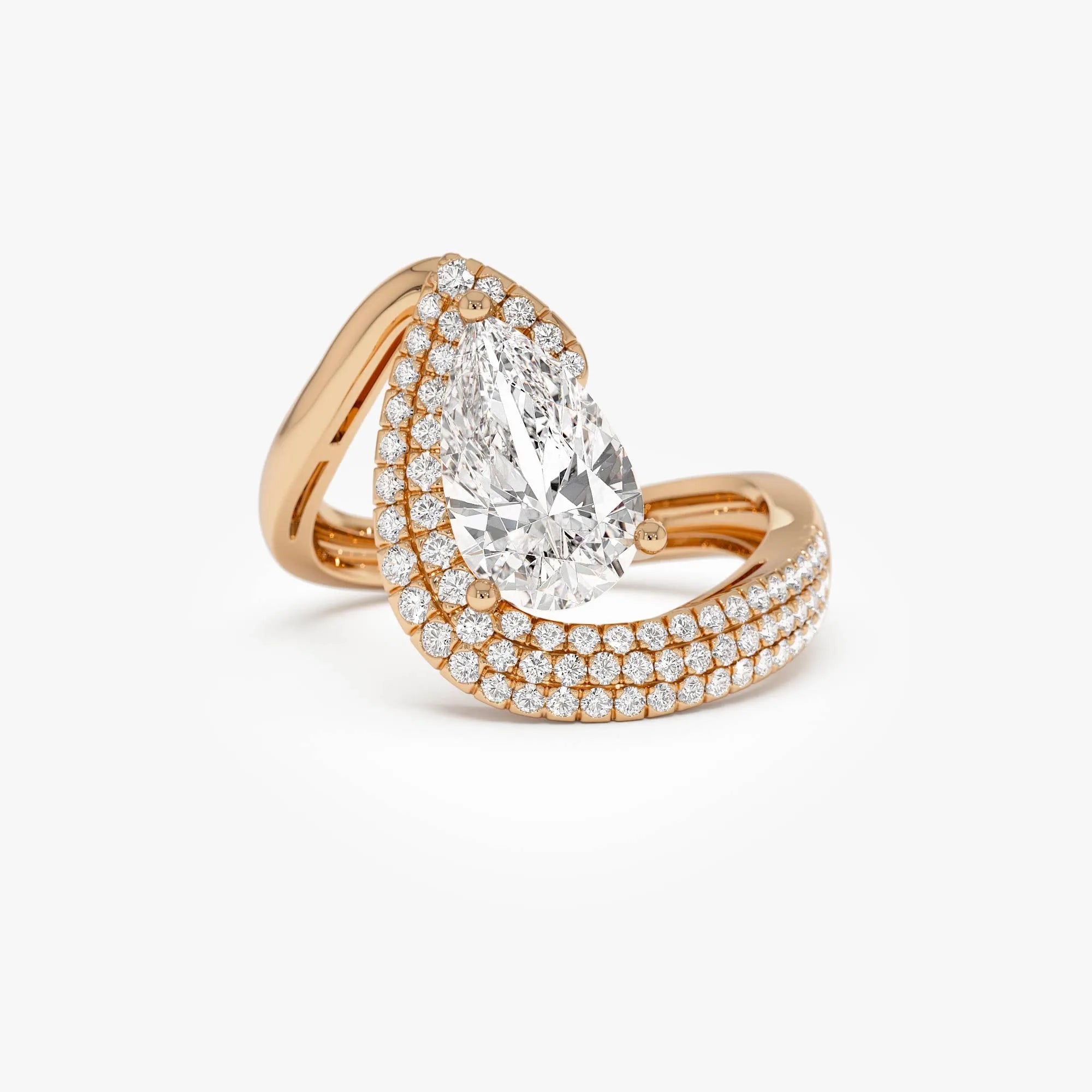 14k Gold Lab Grown Diamond Pear Shape Triple Row Pave Band Engagement Ring 2.00 ctw IGI Certified Chiara
