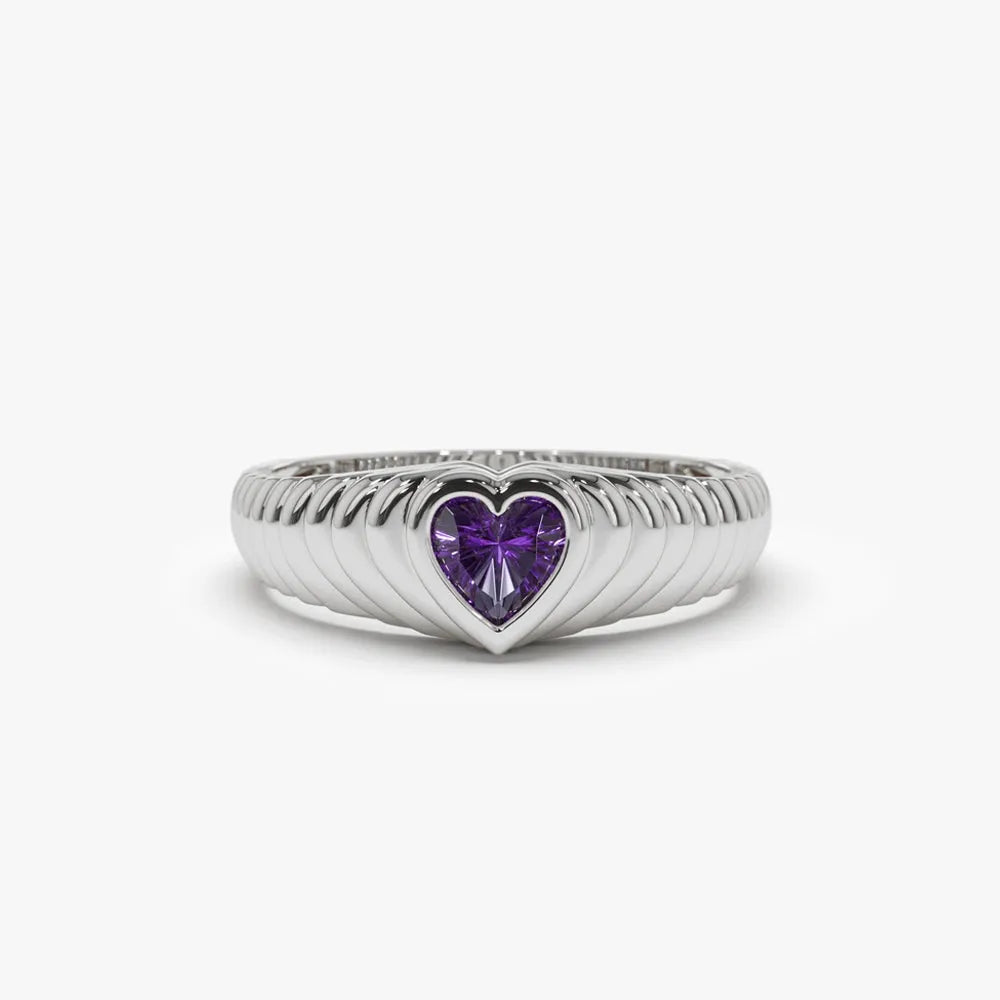 14K Solid Gold Heart Shape Amethyst 0.40 Carat Dome Beveled Ring
