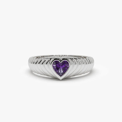 14K Solid Gold Heart Shape Amethyst 0.40 Carat Dome Beveled Ring