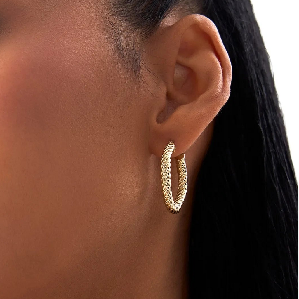 14k Yellow Gold Twisted Rope Squared Off Hoop Earrings 27mm 3.85mm Width