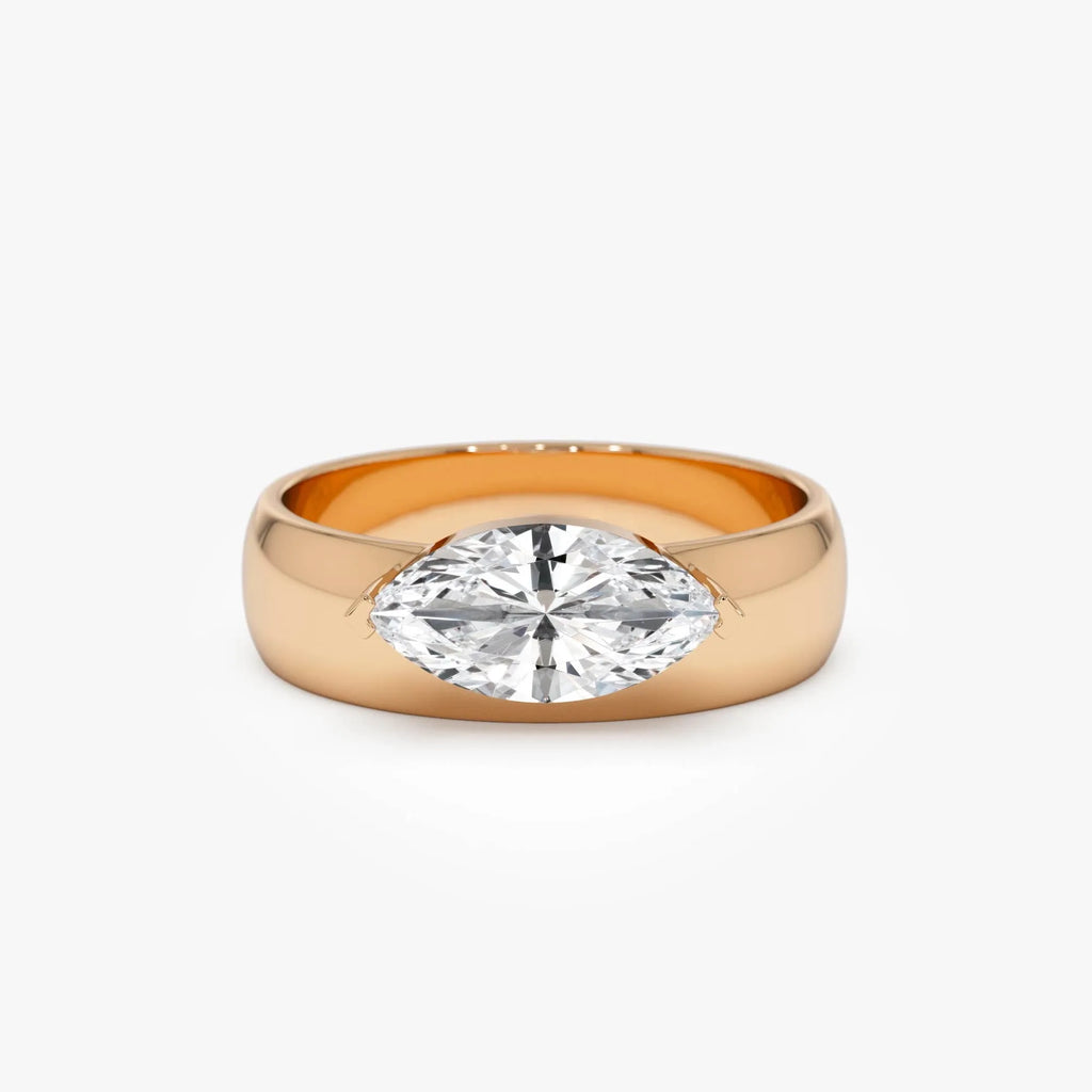 14k Gold 1.00 Carat Lab Grown Diamond Marquise Solitaire Wide Band Ring Solara