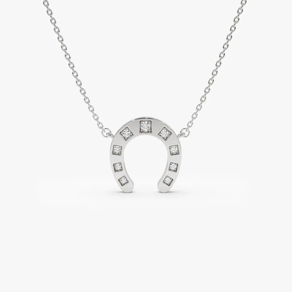 14K Solid Gold Round Diamond Horseshoe Pendant Necklace 0.13ctw