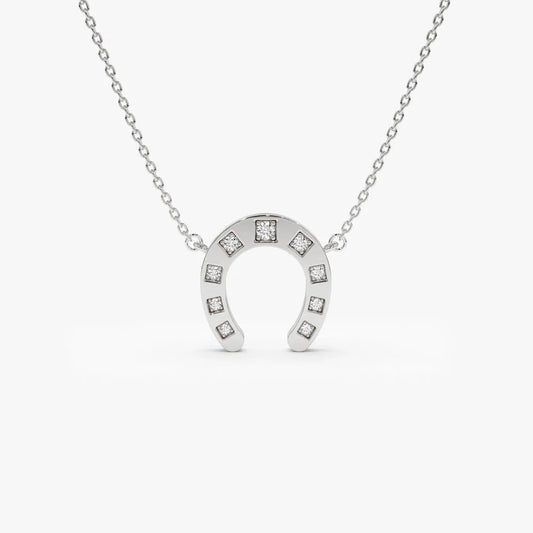 14K Solid Gold Round Diamond Horseshoe Pendant Necklace 0.13ctw