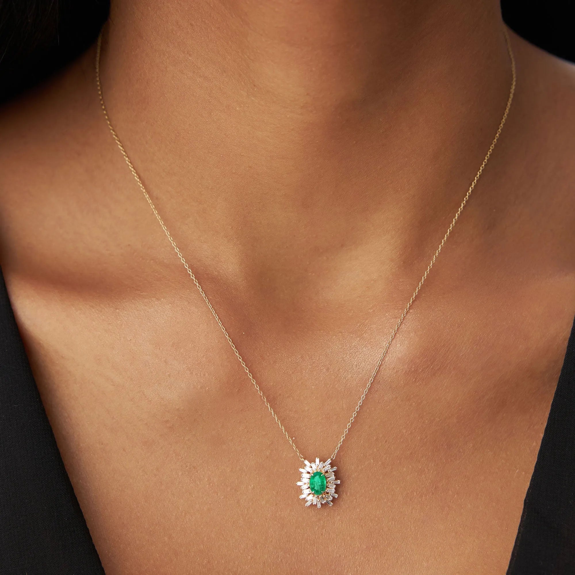 14k Solid Gold Oval Emerald 0.43 CTW and Baguette Diamond 0.28 CTW Ballerina Halo Pendant Necklace
