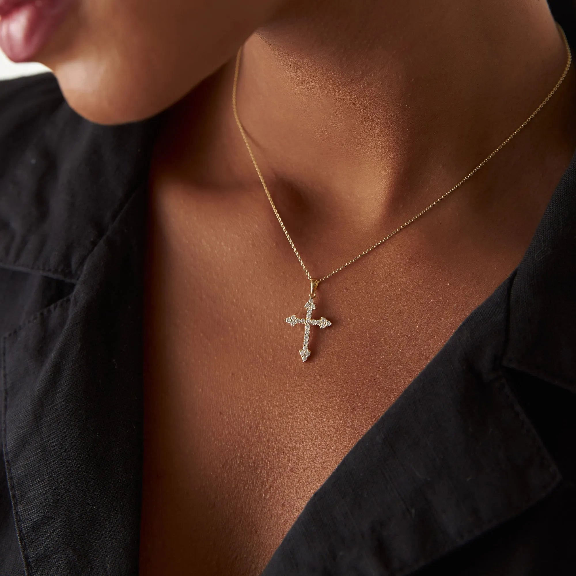 14K Solid Gold 0.45 CTW Round Diamond Cross Charm Necklace