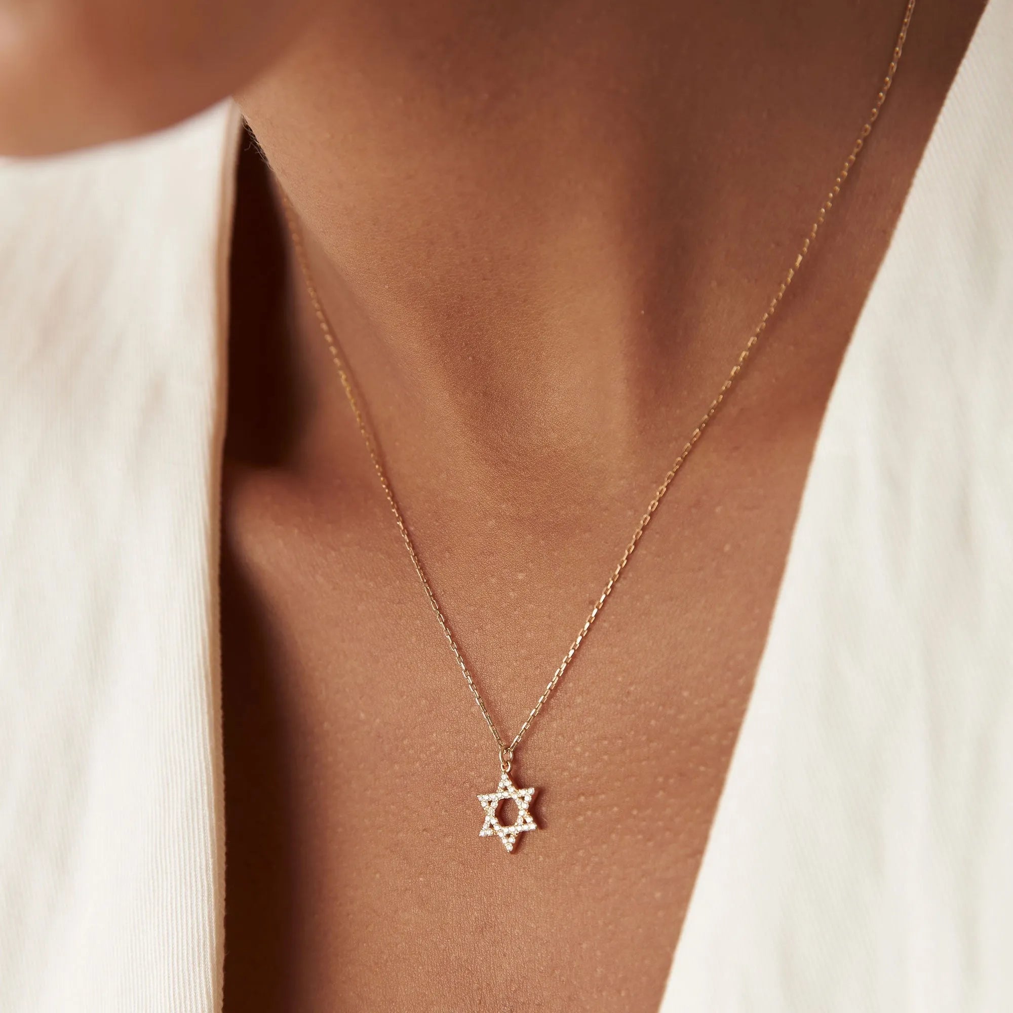 14K Solid Gold 0.18 CTW Round Diamond Star of David Necklace