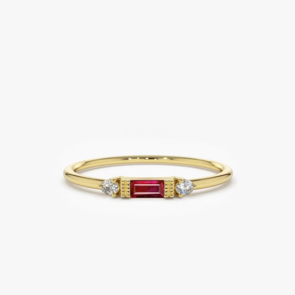 14k Gold Ruby and Diamond Baguette and Round Cut Ring Channel and Prong Setting 0.14 ctw