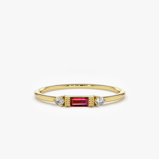 14k Gold Ruby and Diamond Baguette and Round Cut Ring Channel and Prong Setting 0.14 ctw