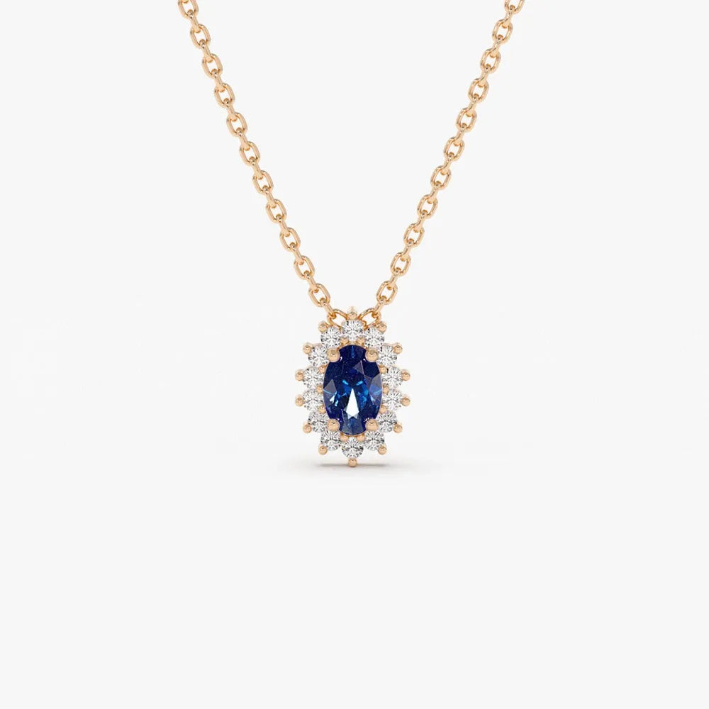 14k Solid Gold Sapphire and Diamond Oval Halo Necklace 0.35 Carat