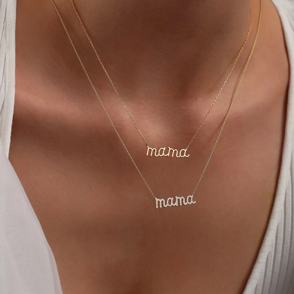 14k Solid Gold Script Mama Pendant Necklace
