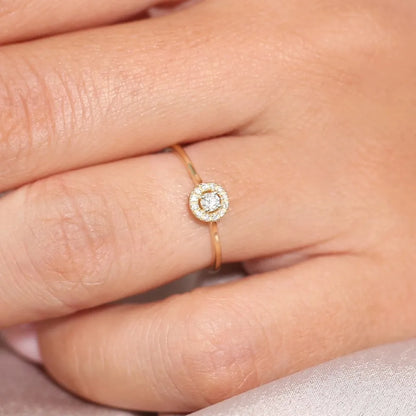 14K Solid Gold 0.12 Ctw Baguette and Round Diamond Micro Pave Halo Ring