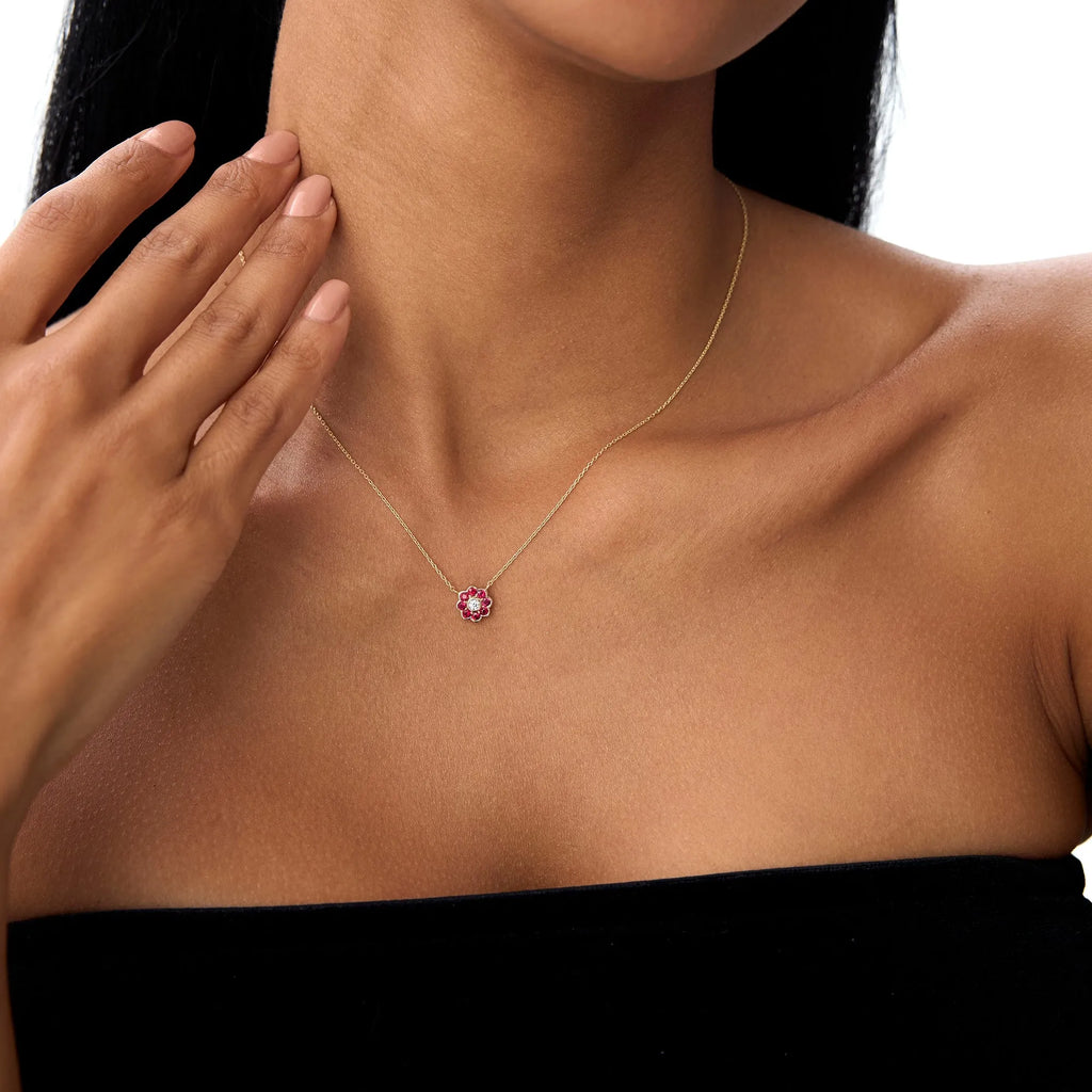 14k Solid Gold Ruby and Diamond Round Flower Necklace 0.35 Carat Bezel Setting